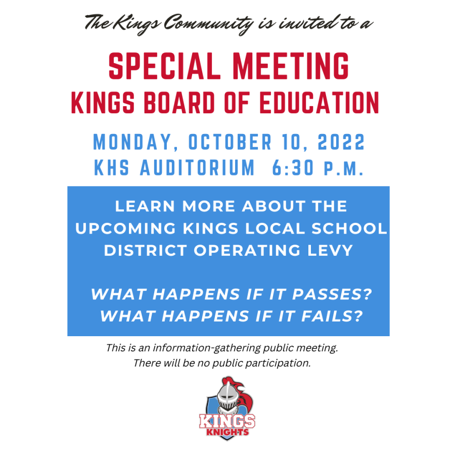 Kings Special Board Meeting 10/10/2022 at 6:30 in the KHS Auditorium